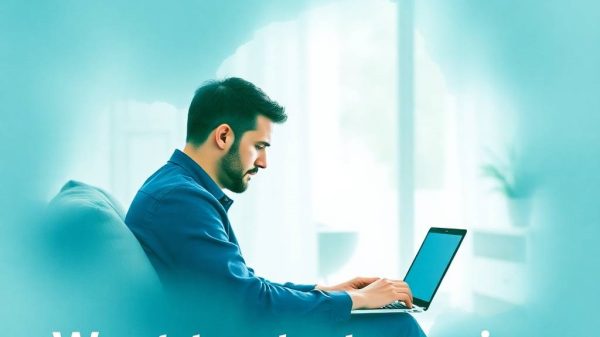 Delicate-watercolor-washes-in-rich-deep-teal-depict-a-man-working-on-a-laptop